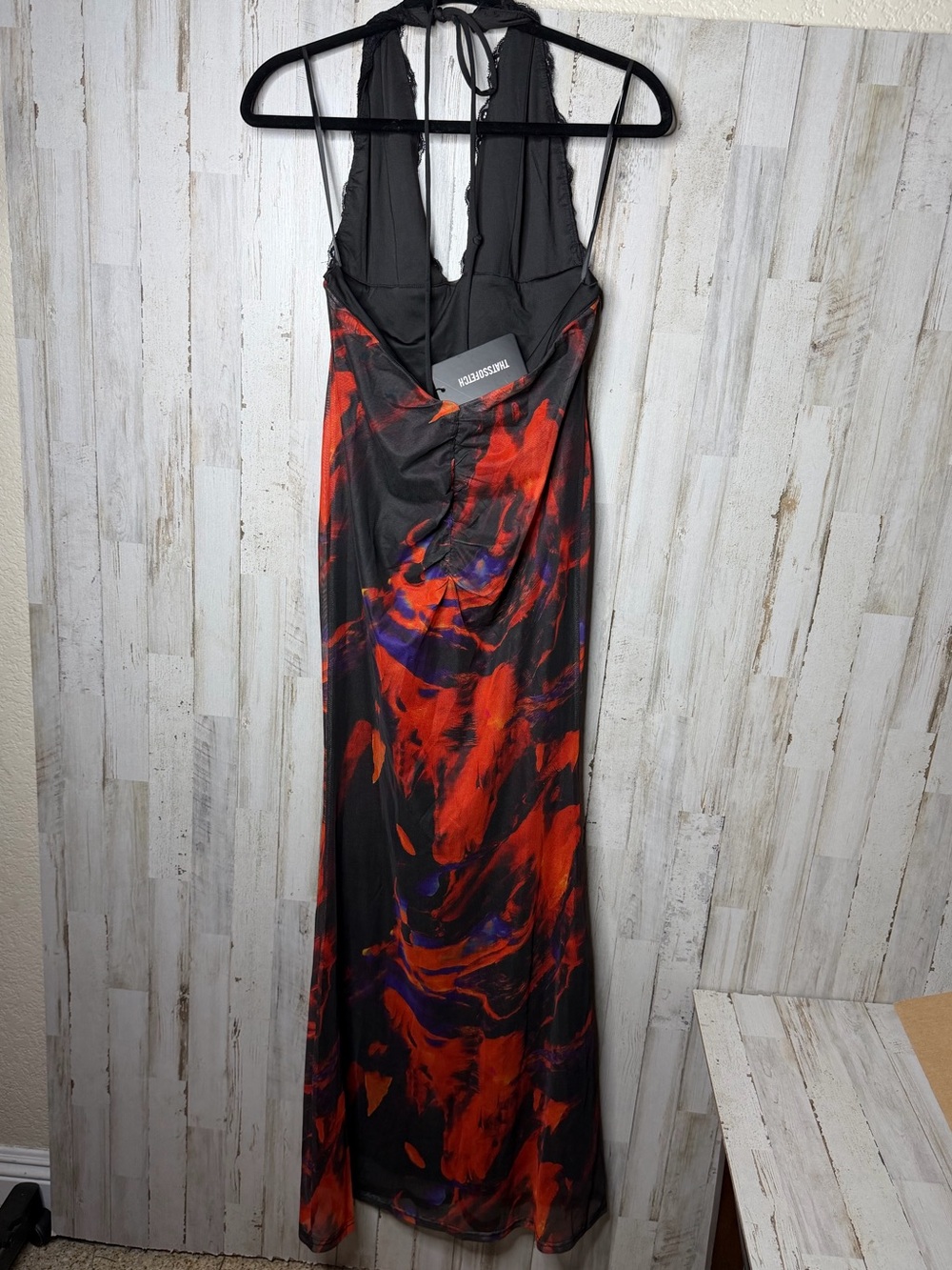 Black Lace Halter Maxi Dress with Bold Red Print - Picture 2 of 7